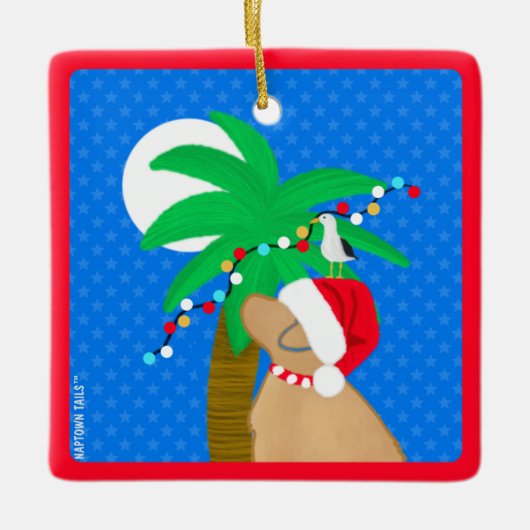 Moonlight Santa Yellow Dog Trimmen Palm Tree Keramisch Ornament (Voorkant)