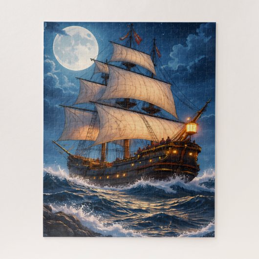Moonlight Ship Puzzle – Ocean Night Jigsaw Legpuzzel (Verticaal)