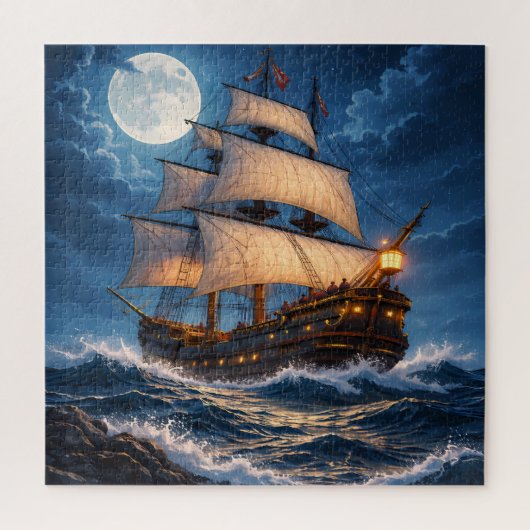 Moonlight Ship Puzzle – Ocean Night Jigsaw Legpuzzel (Verticaal)