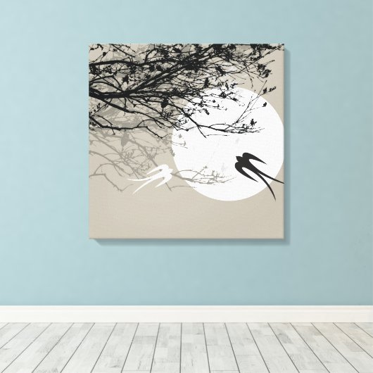 Moonlight Swallows Silhouette Gray Wrapped Canvas (Insitu (Houten vloer))