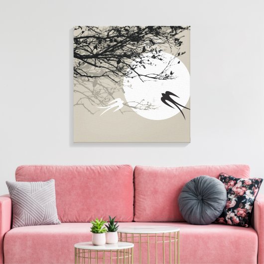 Moonlight Swallows Silhouette Gray Wrapped Canvas (Insitu (Woonkamer))