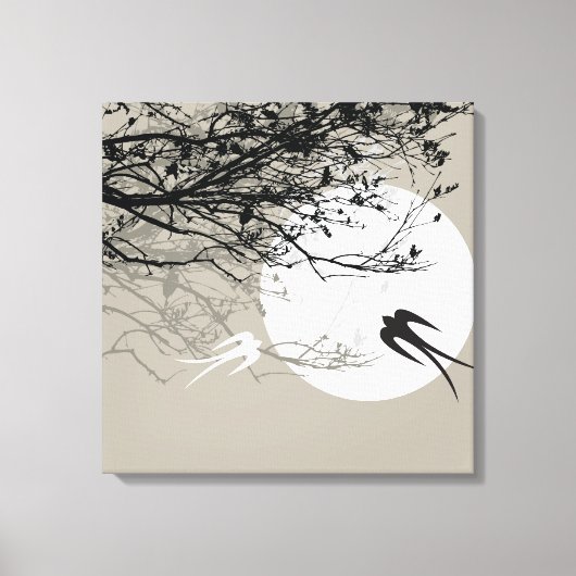 Moonlight Swallows Silhouette Gray Wrapped Canvas Afdruk (Voorkant)