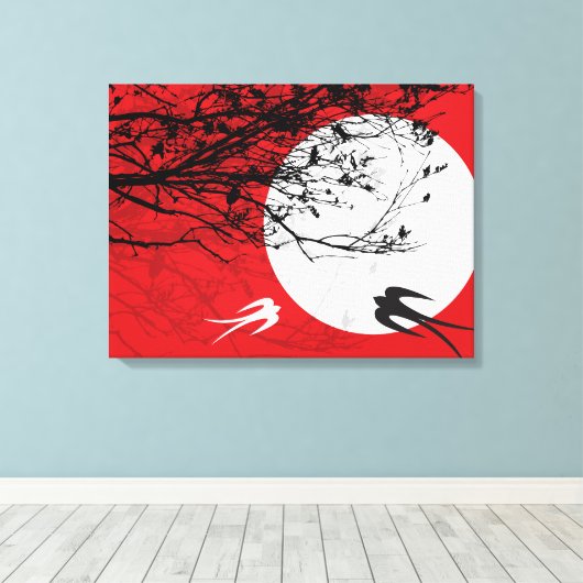 Moonlight Swallows Silhouette Red Wrapped Canvas (Insitu (Houten vloer))