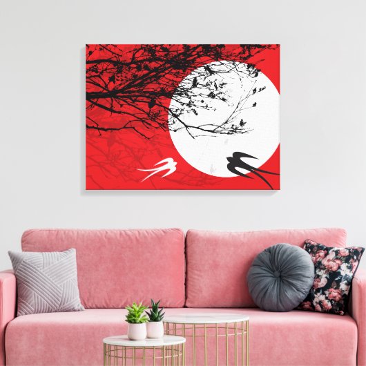 Moonlight Swallows Silhouette Red Wrapped Canvas (Insitu (Woonkamer))