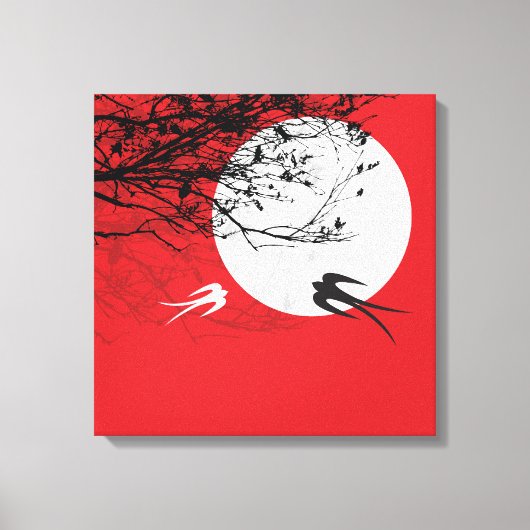 Moonlight Swallows Silhouette Red Wrapped Canvas Afdruk (Voorkant)