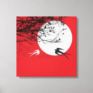 Moonlight Swallows Silhouette Red Wrapped Canvas Afdruk