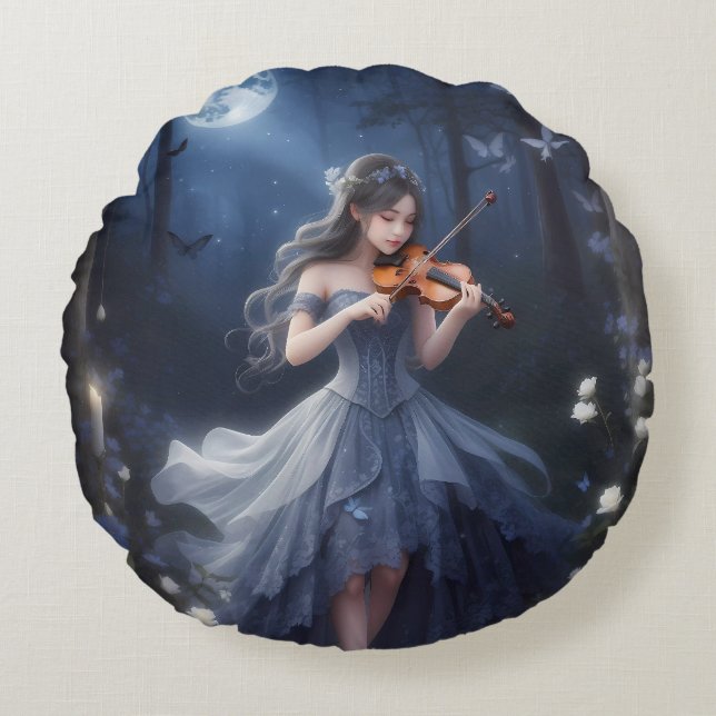 Moonlight Symphony - dromerige viool spelen meisje Rond Kussen (Voorkant)