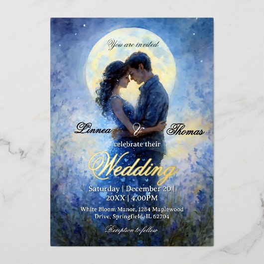 Moonlight Wedding Celestial Love Night Sky Theme Folie Uitnodiging (Voorkant)