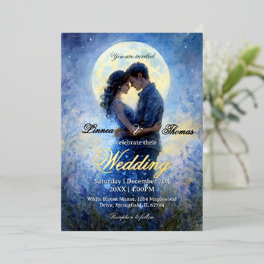 Moonlight Wedding Celestial Love Night Sky Theme Folie Uitnodiging (Staand Voorkant)