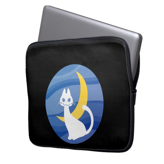 Moonlight white cat  laptop sleeve (Voorkant Links)