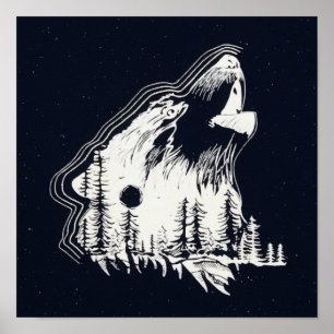 Moonlight Winter Wolf Pine Tree Forest Poster
