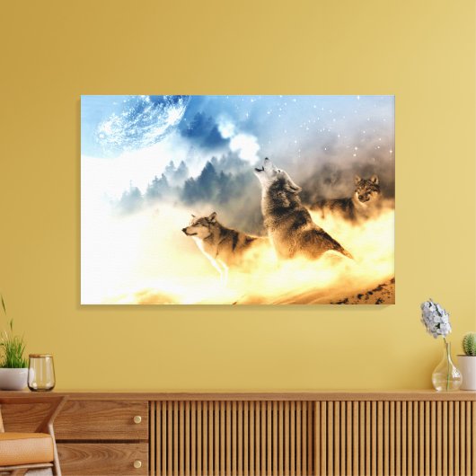 Moonlight wolf in foto's van het bergbos. canvas afdruk (Insitu (Woonkamer))