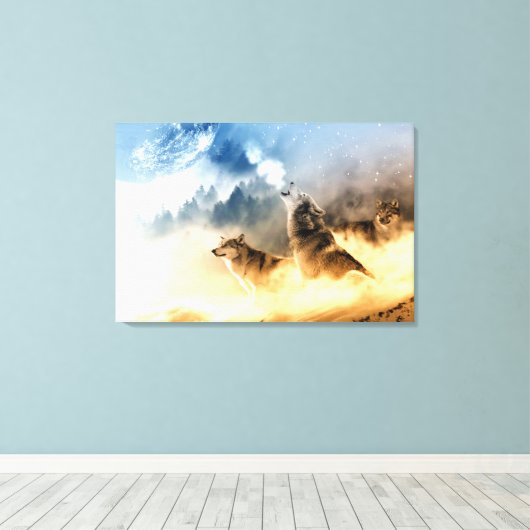 Moonlight wolf in foto's van het bergbos. canvas afdruk (Insitu (Houten vloer))