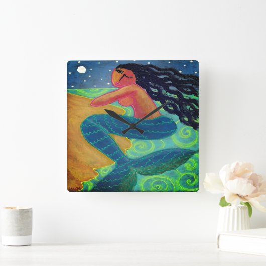 Moonlight Zeemeermin Abstracte Kunst Vierkante Klok (Huis)