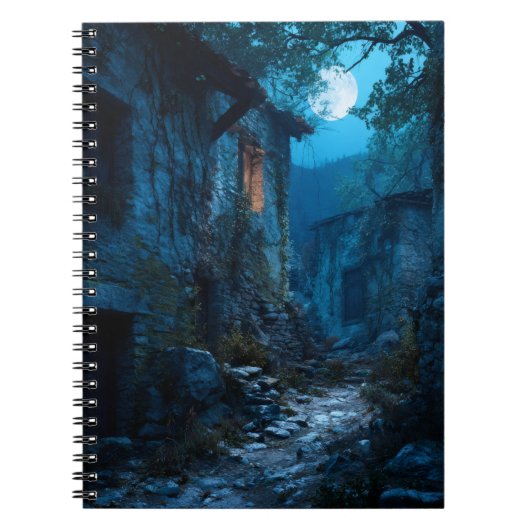 Moonlit Abandoned Village Path Notebook Notitieboek (Voorkant)