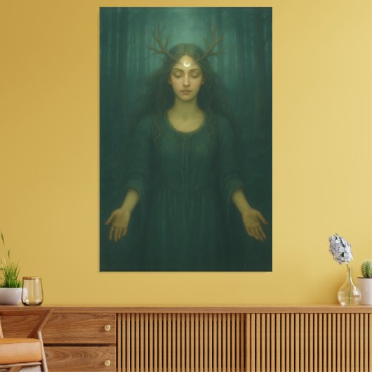 Moonlit Antler Priestess II – Forest Mystic Goddes Canvas Afdruk (Insitu (Woonkamer))