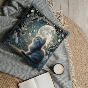 Moonlit Art Nouveau Kitten Onder Hemelhemel Kussen