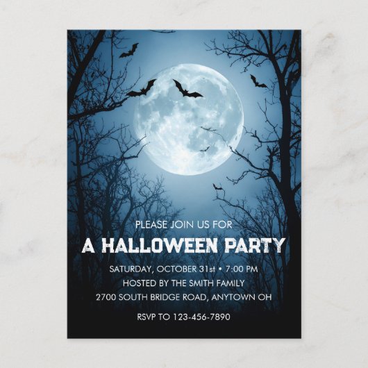 Moonlit Bats Halloween Party Invitation Postcard Briefkaart (Voorkant)