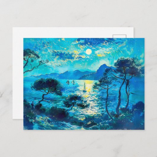 Moonlit Bay met boten Impressionistische Nocturne Briefkaart (Voorkant / Achterkant)