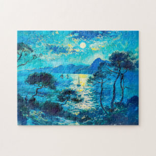 Moonlit Bay met boten Impressionistische Nocturne Legpuzzel