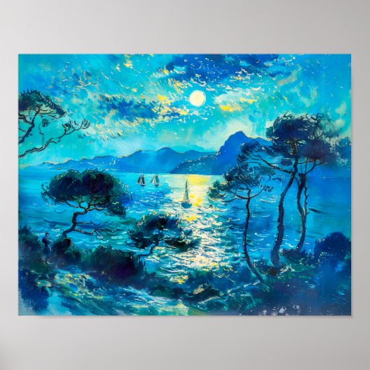 Moonlit Bay met boten Impressionistische Nocturne Poster (Voorkant)