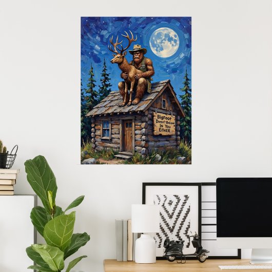 Moonlit Belief: Bigfoot's Cabin Companion Poster (Thuiskantoor)
