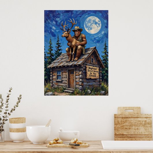 Moonlit Belief: Bigfoot's Cabin Companion Poster (Keuken)