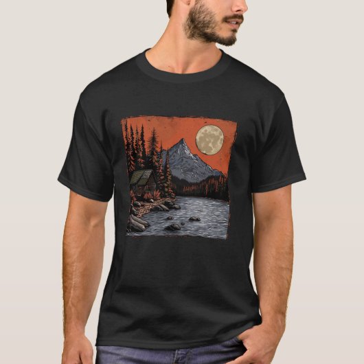 Moonlit Berghut Rustieke Natuur Landschap Des T-shirt (Voorkant)