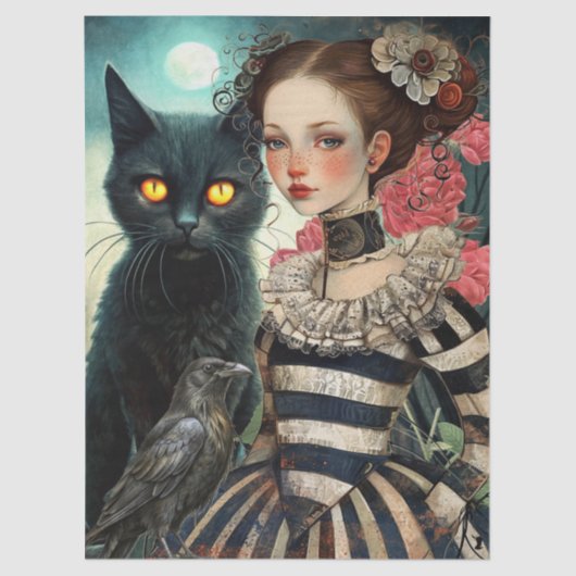 Moonlit Black Cat Goth Girl & Raven Decoupage Tissuepapier (Voorkant)