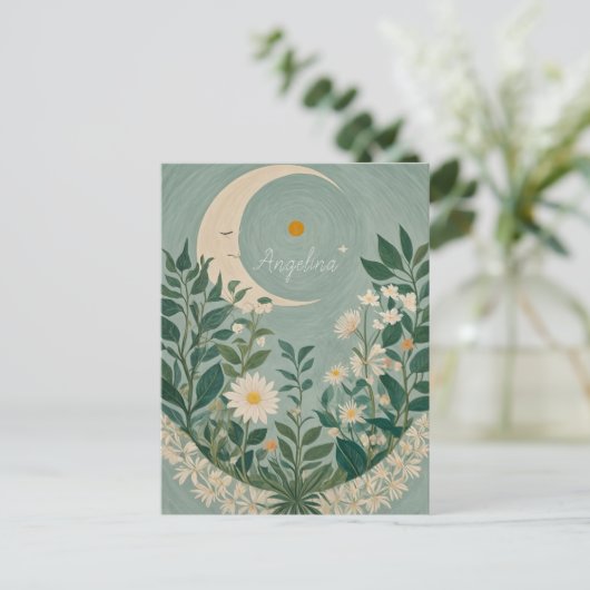 Moonlit Blooms: Pastel Bloemen en halve maan Briefkaart (Staand voorkant)