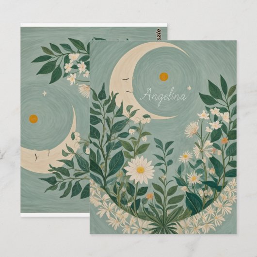 Moonlit Blooms: Pastel Bloemen en halve maan Briefkaart (Voorkant / Achterkant)