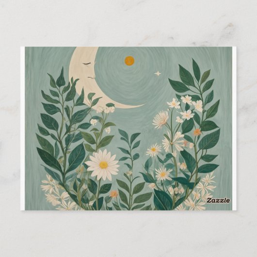 Moonlit Blooms: Pastel Bloemen en halve maan Briefkaart (Achterkant)
