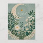 Moonlit Blooms: Pastel Bloemen en halve maan Briefkaart (Voorkant)