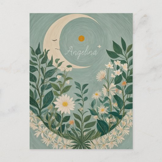 Moonlit Blooms: Pastel Bloemen en halve maan Briefkaart (Voorkant)