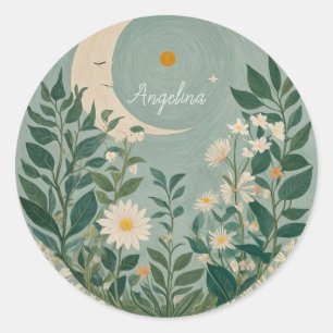 Moonlit Blooms: Pastel Bloemen en halve maan Ronde Sticker
