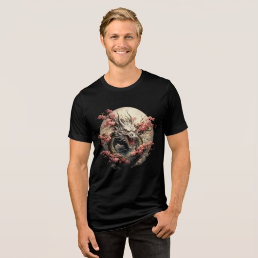 Moonlit Blossom Dragon Illustration Tri-Blend Shirt (Voorkant volledig)