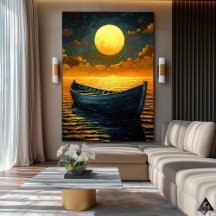 Moonlit Boat Journey - Naïf Dreamy Night Art
