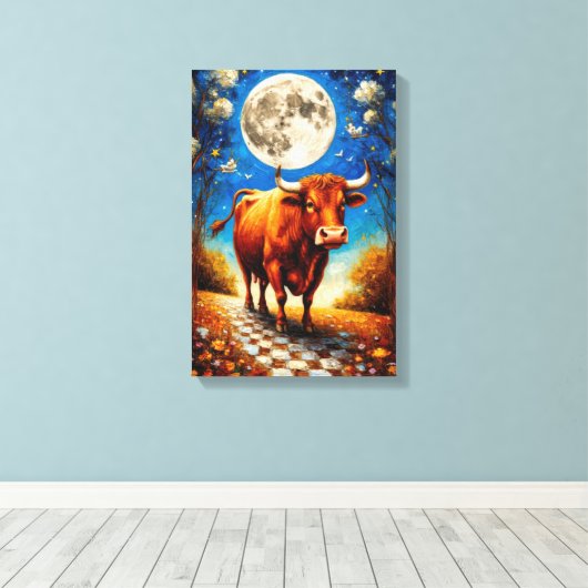 Moonlit Bull Fantasy Art voor dromerige interieurs Canvas Afdruk (Insitu (Houten vloer))