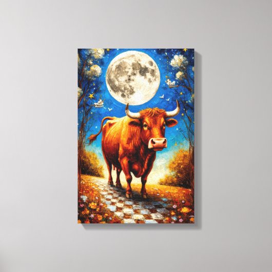 Moonlit Bull Fantasy Art voor dromerige interieurs Canvas Afdruk (Voorkant)