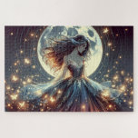 Moonlit Butterfly Enchantress Fantasy Legpuzzel<br><div class="desc">A luminous fantasy scene captures a serene feminine figure standing before a radiant full moon, surrounded by drifting golden butterflies and glowing stardust. Her flowing gown fans outward like liquid moonlight, layered with delicate botanical textures and soft celestial shimmer. Long windswept hair moves gently through the night air, echoing the...</div>