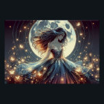 Moonlit Butterfly Enchantress Fantasy Perfect Poster<br><div class="desc">A luminous fantasy scene captures a serene feminine figure standing before a radiant full moon, surrounded by drifting golden butterflies and glowing stardust. Her flowing gown fans outward like liquid moonlight, layered with delicate botanical textures and soft celestial shimmer. Long windswept hair moves gently through the night air, echoing the...</div>