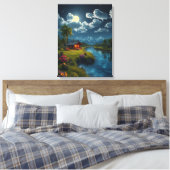 Moonlit Cabin by the River - Natuur muurkunst. Canvas Afdruk (Insitu (Slaapkamer))