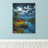 Moonlit Cabin by the River - Natuur muurkunst. Canvas Afdruk (Insitu (Houten vloer))