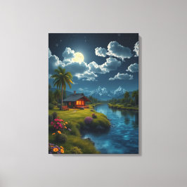 Moonlit Cabin by the River - Natuur muurkunst. Canvas Afdruk