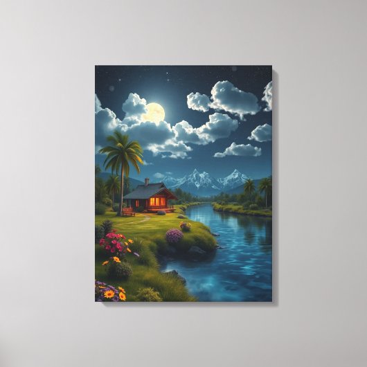 Moonlit Cabin by the River - Natuur muurkunst. Canvas Afdruk (Voorkant)