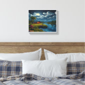 Moonlit Cabin by the River - Natuur muurkunst Canvas Afdruk (Insitu (Slaapkamer))