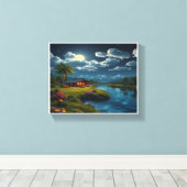 Moonlit Cabin by the River - Natuur muurkunst Canvas Afdruk (Insitu (Houten vloer))