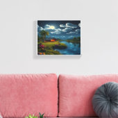 Moonlit Cabin by the River - Natuur muurkunst Canvas Afdruk (Insitu (Woonkamer))