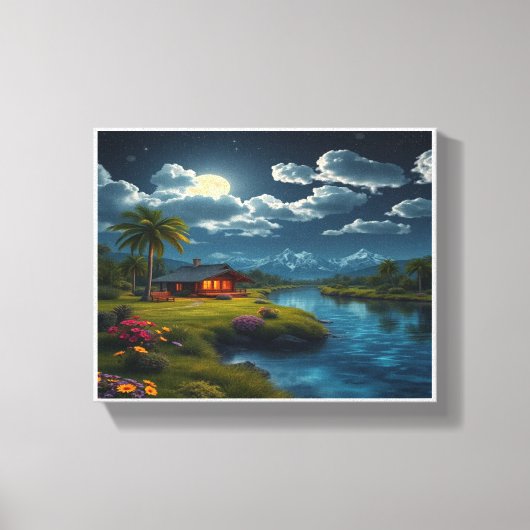 Moonlit Cabin by the River - Natuur muurkunst Canvas Afdruk (Voorkant)