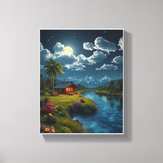 Moonlit Cabin by the River - Natuur muurkunst Canvas Afdruk (Voorkant)
